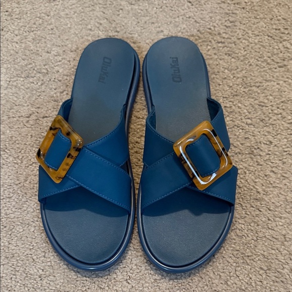 OluKai Navy Sandals with Tortoise Buckle - Picture 1 of 7